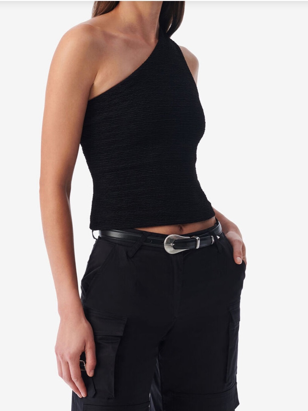 IRO PARIS ILOW Asymmetrical One-Shoulder Black Textured Tank Top 36/4  Black
